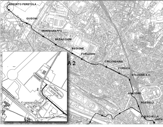 Il tracciato della linea 2 della tramvia che collegherà l’aeroporto “Vespucci” con la stazione di S.M. Novella. La tratta avrà 10 fermate intermedie e si attesterà sulla destra del terminal aeroportuale. Da qui la linea dovrebbe essere prolungata fino al polo universitario di Sesto Fiorentino.