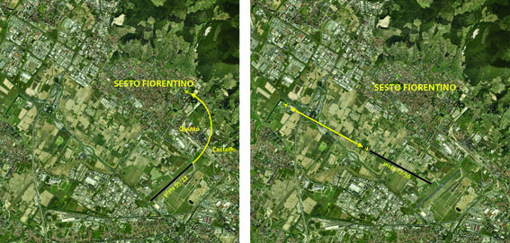 Le due immagini evidenziano la situazione dei voli sull’abitato di Sesto Fiorentino con la pista attuale 05/23 (a sinistra) e con la nuova pista 12/30 (a destra). Fino ad oggi ampie porzioni delle aree residenziali sestesi sono sorvolate nella procedura di “decollo 05” (verso monte Morello). La nuova pista porta le rotte lontane da tutte le aree abitate, sorvolando il territorio di Sesto per un breve tratto lungo l’autostrada A11.